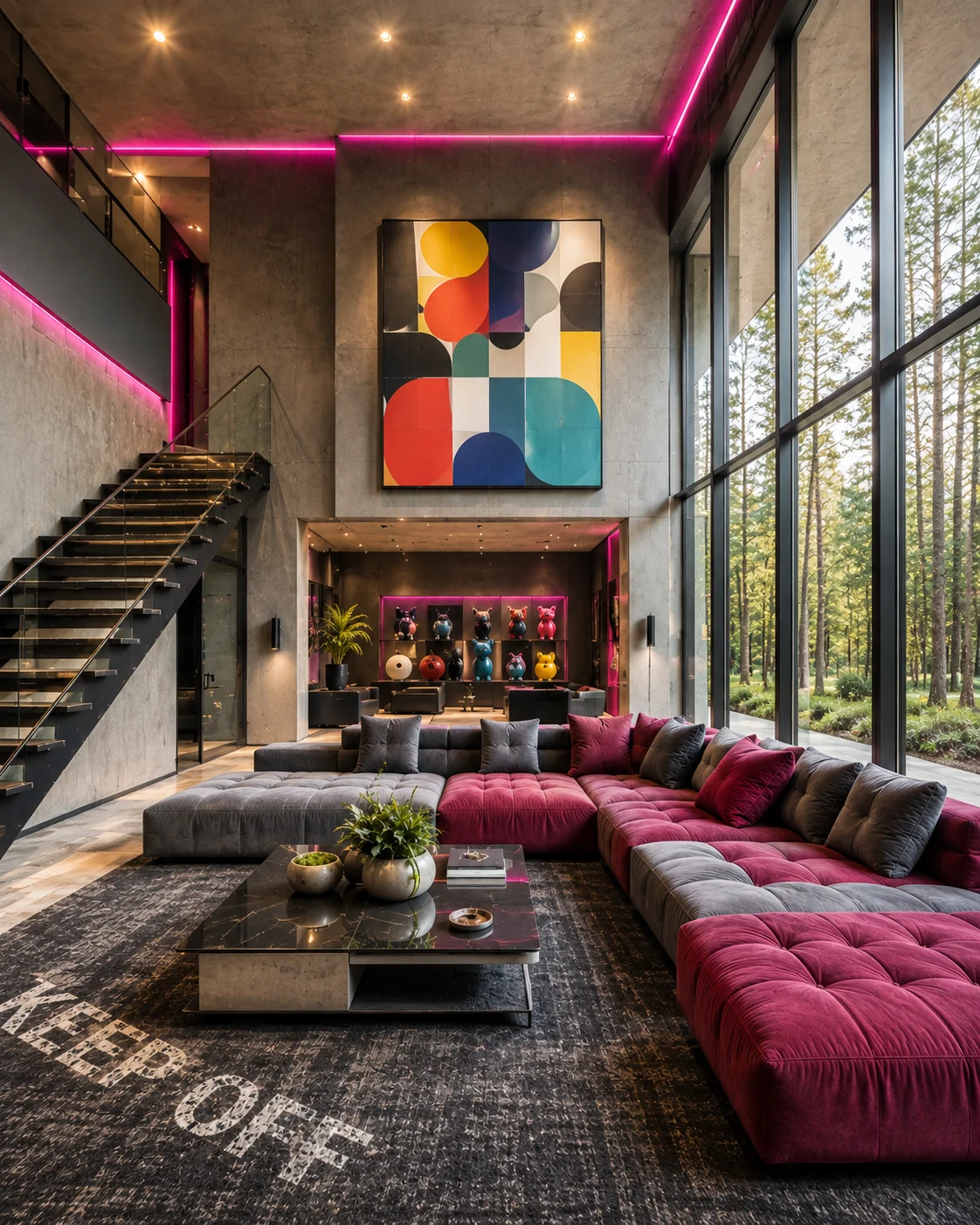 Dark contemporary lounge with burgundy modular sectional, magenta LED lighting, abstract art, sculptural decor, and tall forest-view windows.
