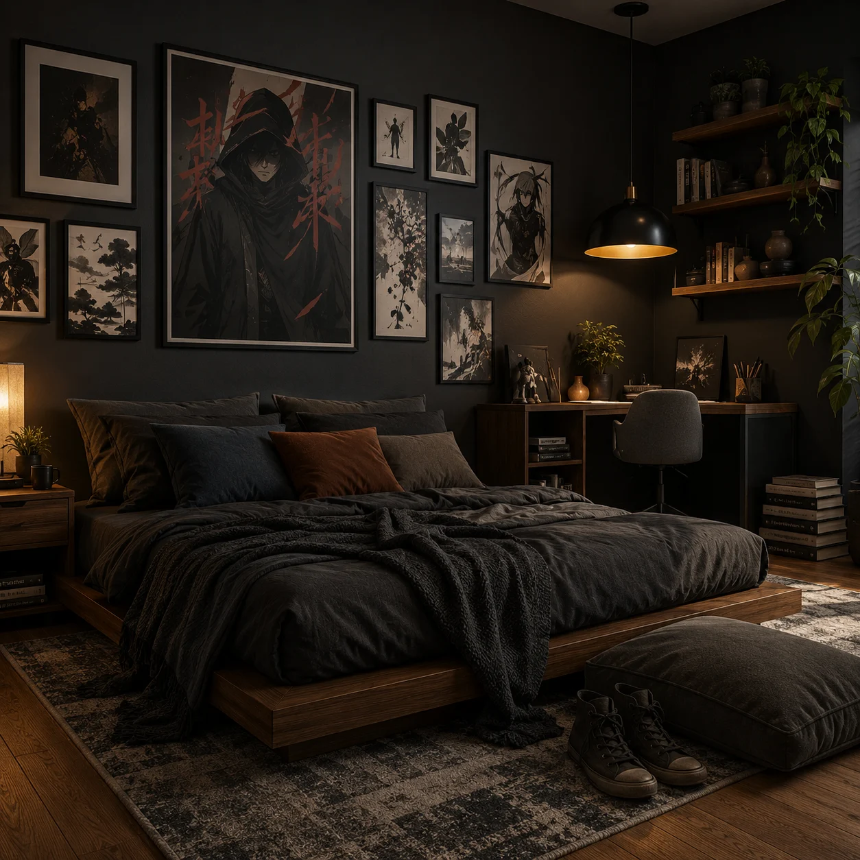 Moody bedroom with low wooden platform bed, charcoal bedding, framed gallery wall, desk, and warm pendant lighting.