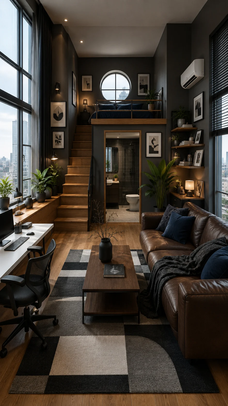 Dark contemporary loft living room with brown leather sofa, navy cushions, geometric rug, warm wood stairs, plants, desk, and round loft window.