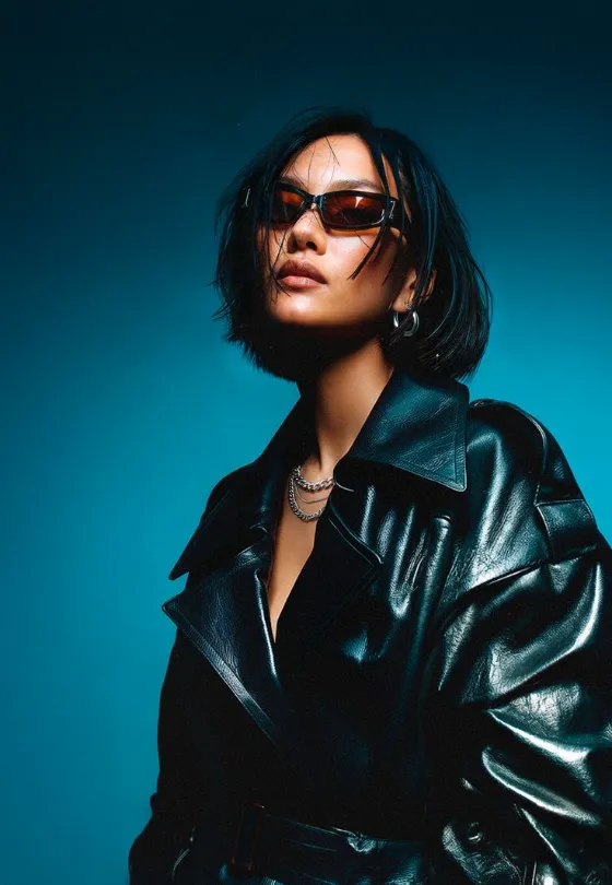 Minimal editorial fashion portrait wallpaper with black leather clothing and teal studio background.