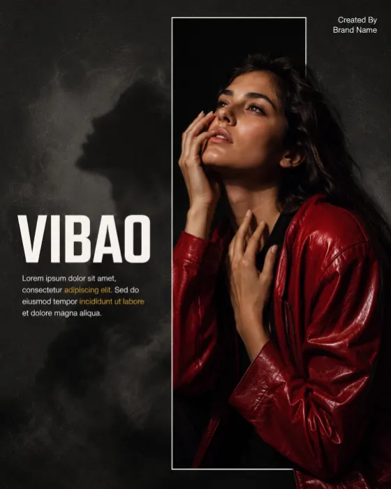 Moody vertical editorial design featuring a red leather portrait, narrow framed crop, bold typography, and textured charcoal haze.