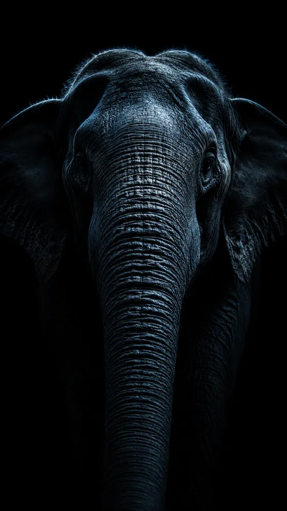 Front-facing elephant with a centered trunk illuminated by cool blue light against a black background.