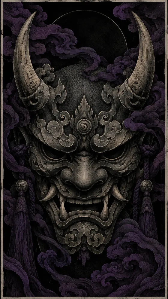 Vertical dark wallpaper featuring a detailed engraved horned oni mask surrounded by deep-purple ornamental flowing forms on black.