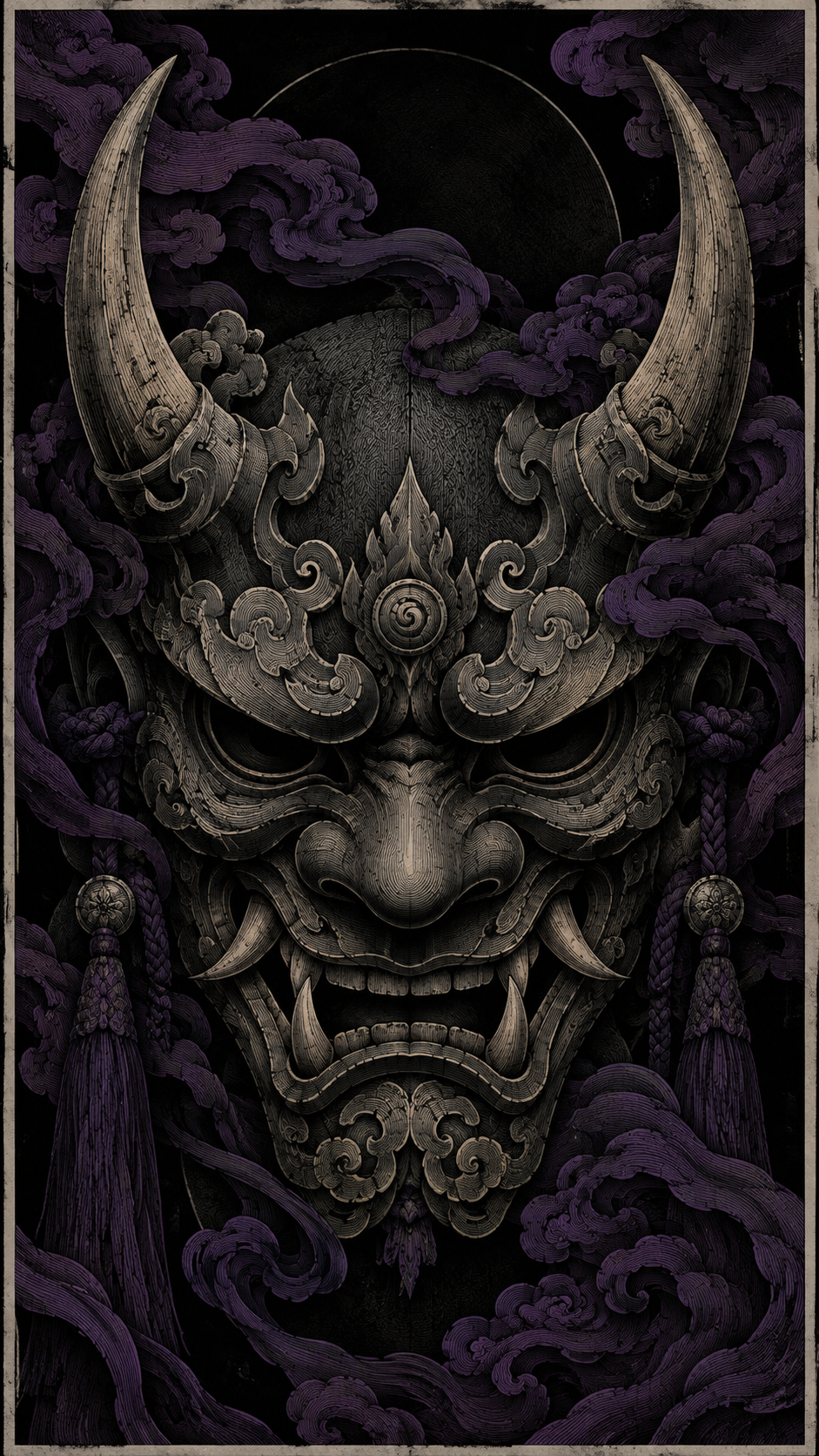 Vertical dark wallpaper featuring a detailed engraved horned oni mask surrounded by deep-purple ornamental flowing forms on black.