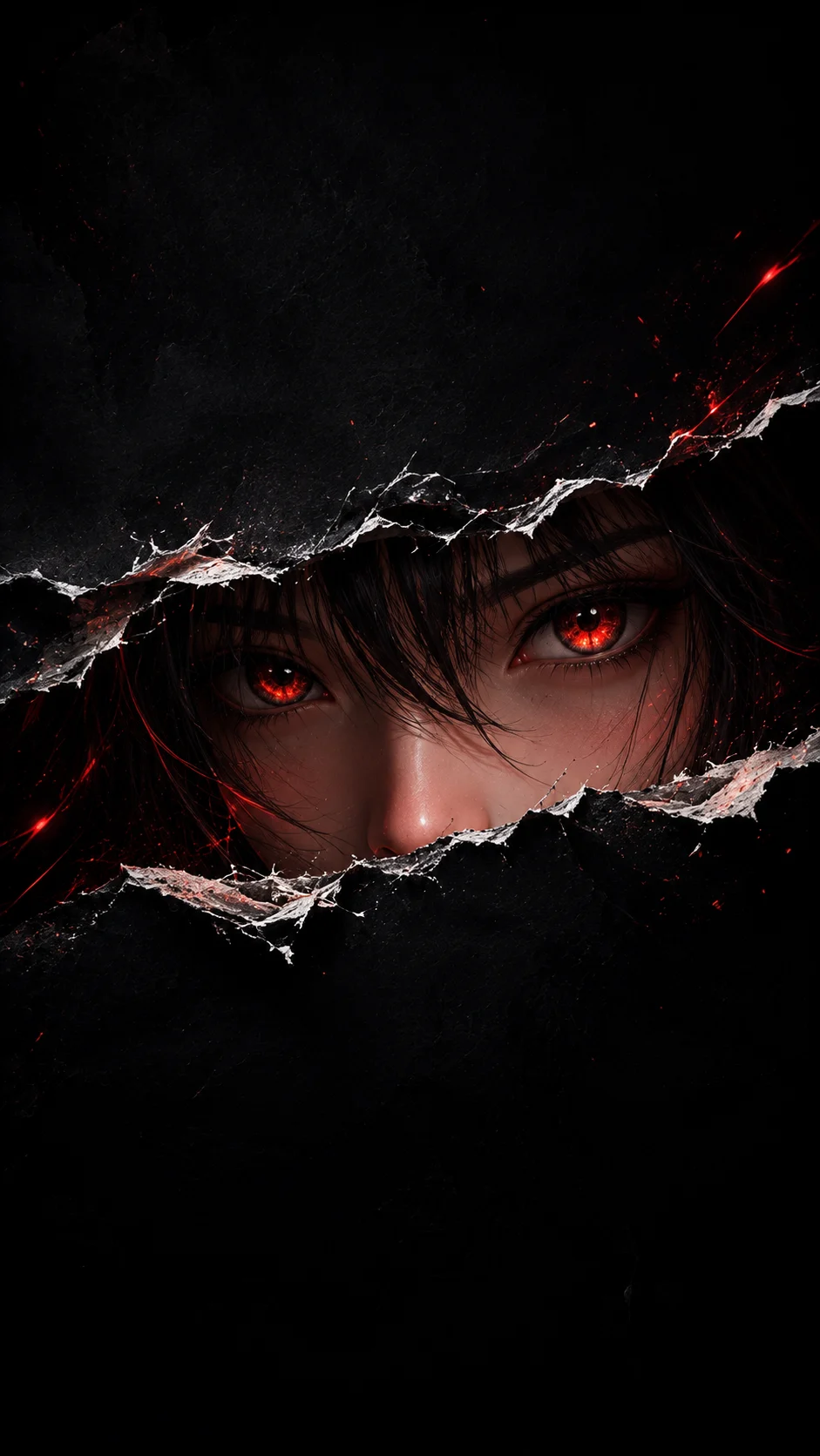 Original dark fantasy character with glowing crimson eyes and dark hair behind a jagged torn opening.