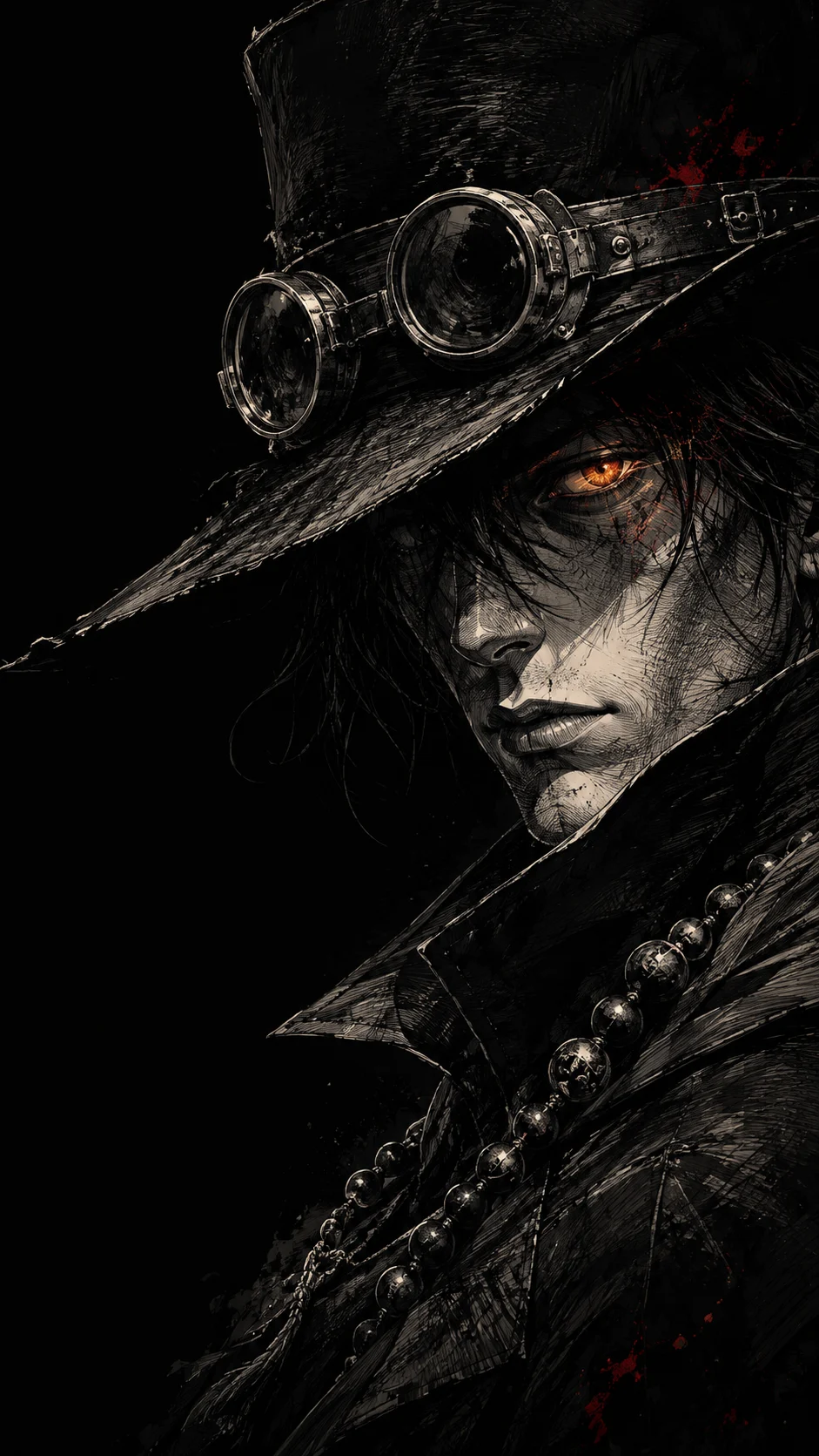 Dark fantasy ink illustration of a shadowed character wearing a wide-brim hat and round goggles with a glowing amber eye.