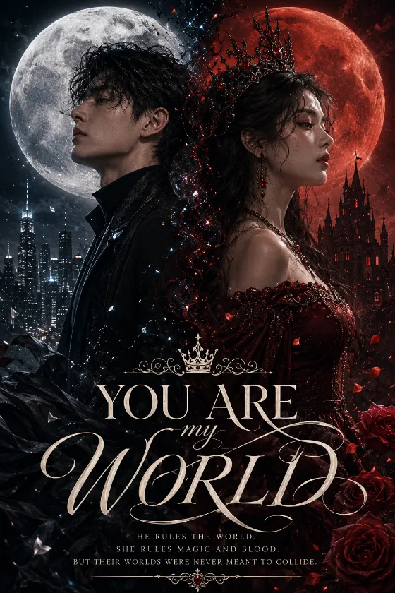 Two fantasy characters stand back-to-back beneath silver and crimson moons with a modern city and gothic castle behind them.
