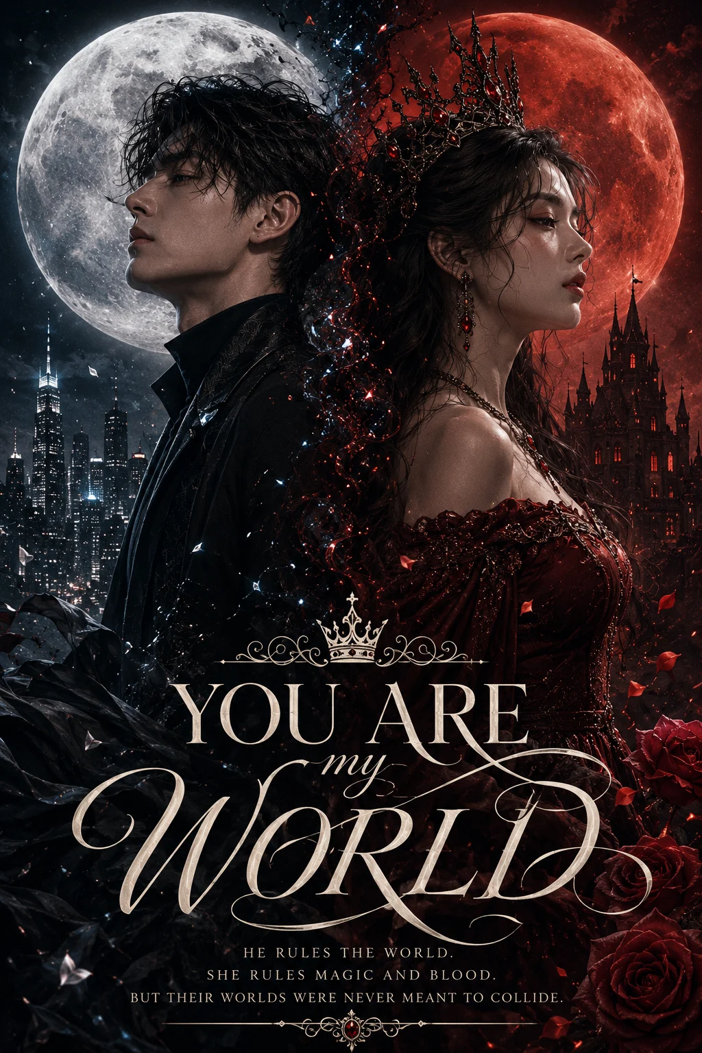 Two fantasy characters stand back-to-back beneath silver and crimson moons with a modern city and gothic castle behind them.