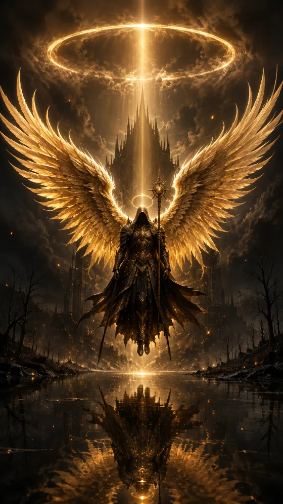 A dramatic dark fantasy painting of an armored winged warrior with glowing golden wings floating above a dark lake under a radiant halo and gothic towers.