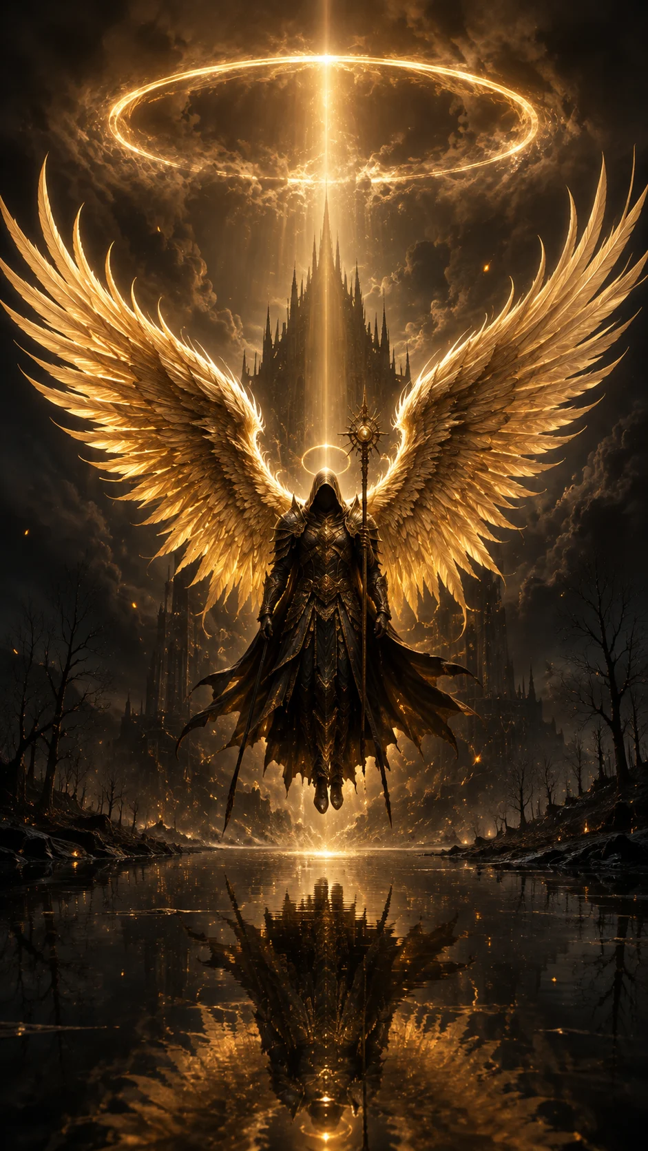 A dramatic dark fantasy painting of an armored winged warrior with glowing golden wings floating above a dark lake under a radiant halo and gothic towers.