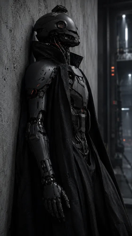 Cloaked humanoid robot with black mechanical armor and orange internal lights resting against a concrete wall.