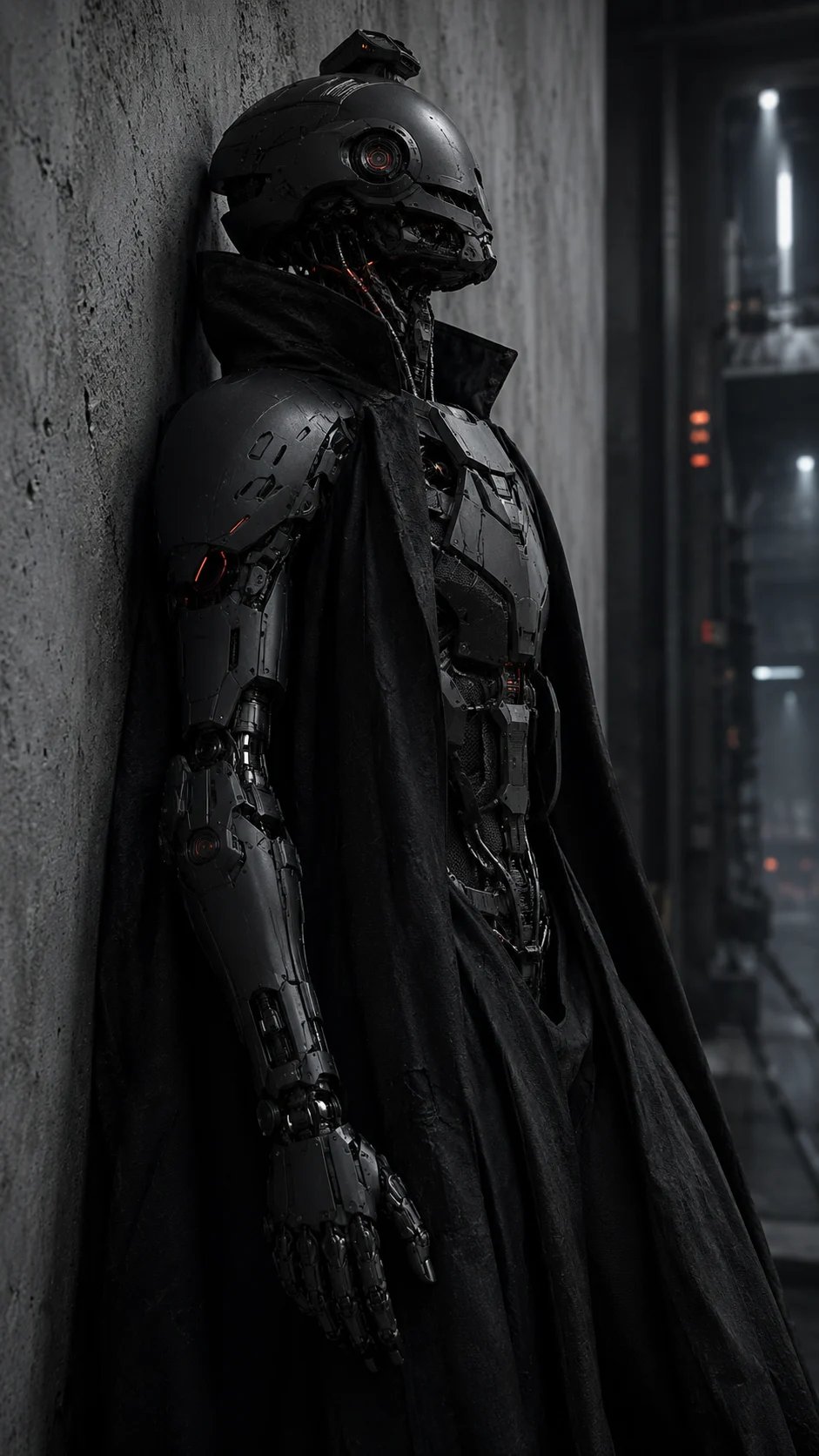Cloaked humanoid robot with black mechanical armor and orange internal lights resting against a concrete wall.