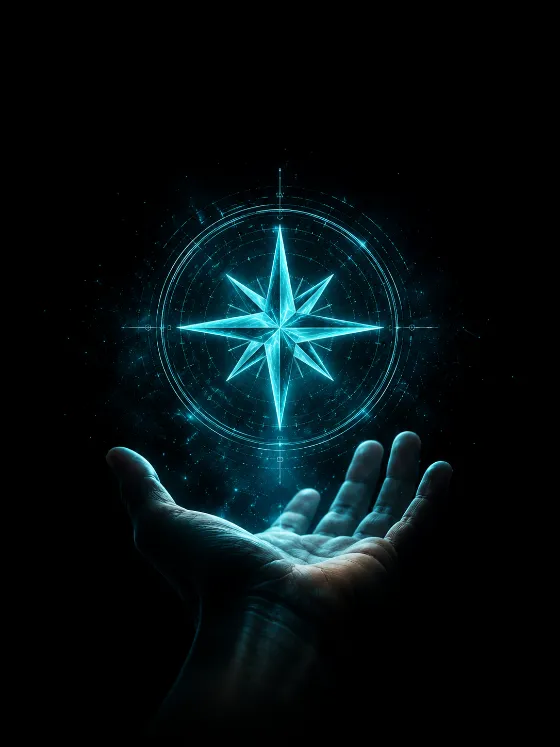 Open hand holding a glowing cyan holographic compass rose against a deep black background with subtle particles.