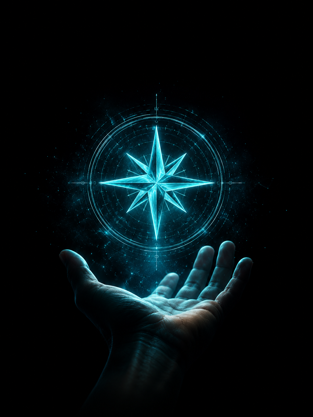 Open hand holding a glowing cyan holographic compass rose against a deep black background with subtle particles.