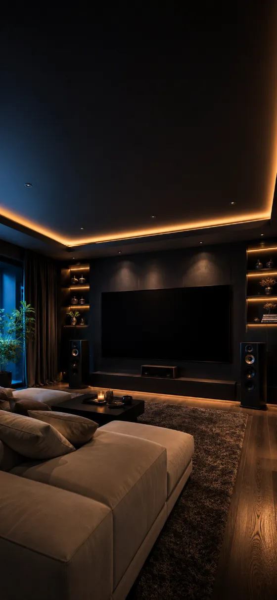 Modern dark home theater lounge with cream sofa, black media screen, warm ceiling lights, shelves, rug, and wood floor.