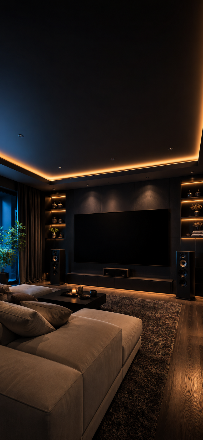 Modern dark home theater lounge with cream sofa, black media screen, warm ceiling lights, shelves, rug, and wood floor.