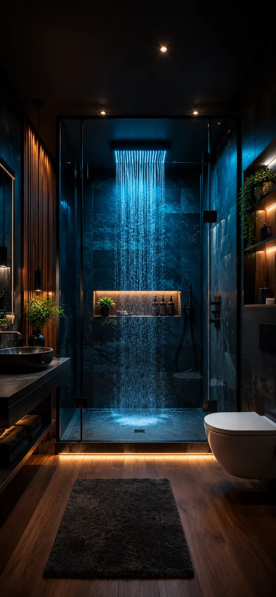 Dark luxury bathroom with glass walk-in shower, blue-lit rainfall water, stone tiles, warm wood panels, amber lighting, and bath mat.