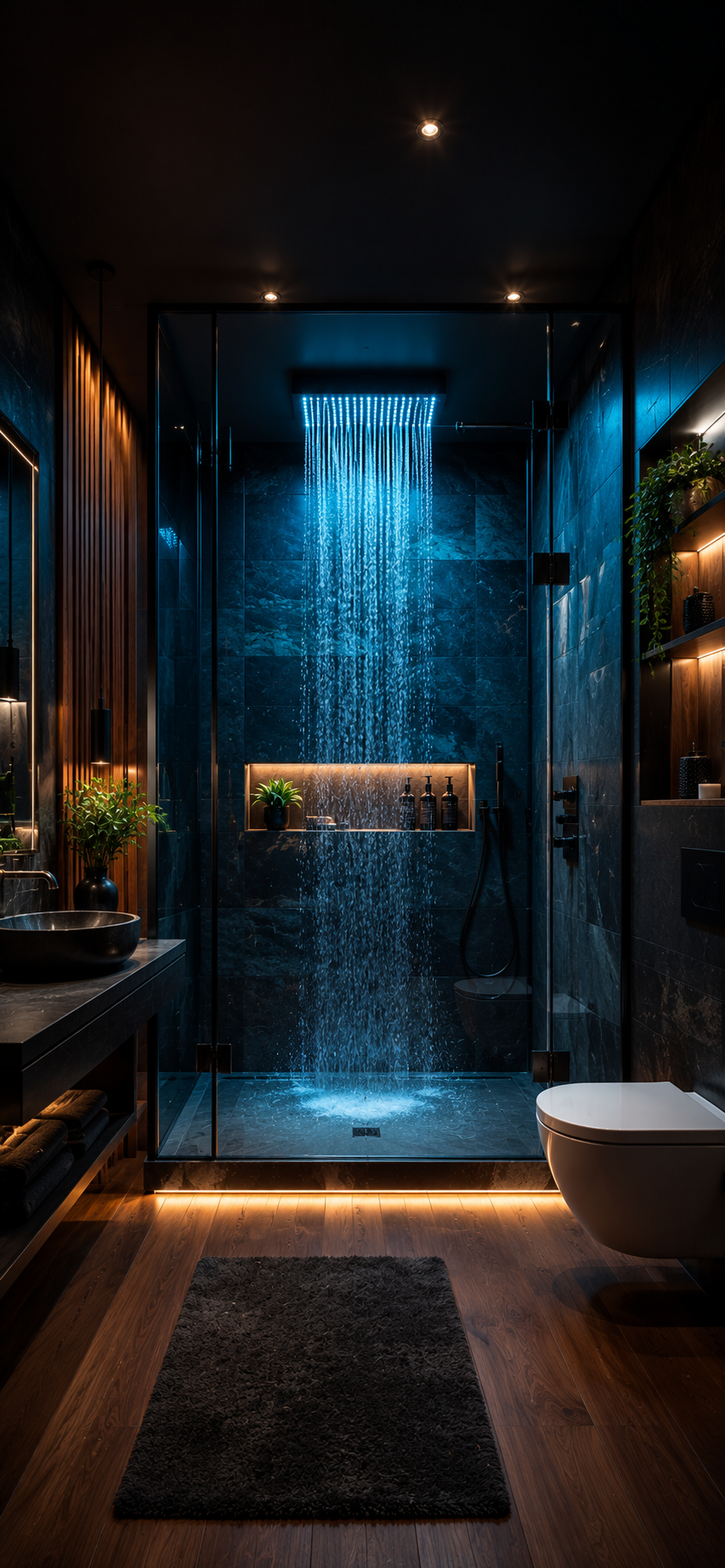 Dark luxury bathroom with glass walk-in shower, blue-lit rainfall water, stone tiles, warm wood panels, amber lighting, and bath mat.