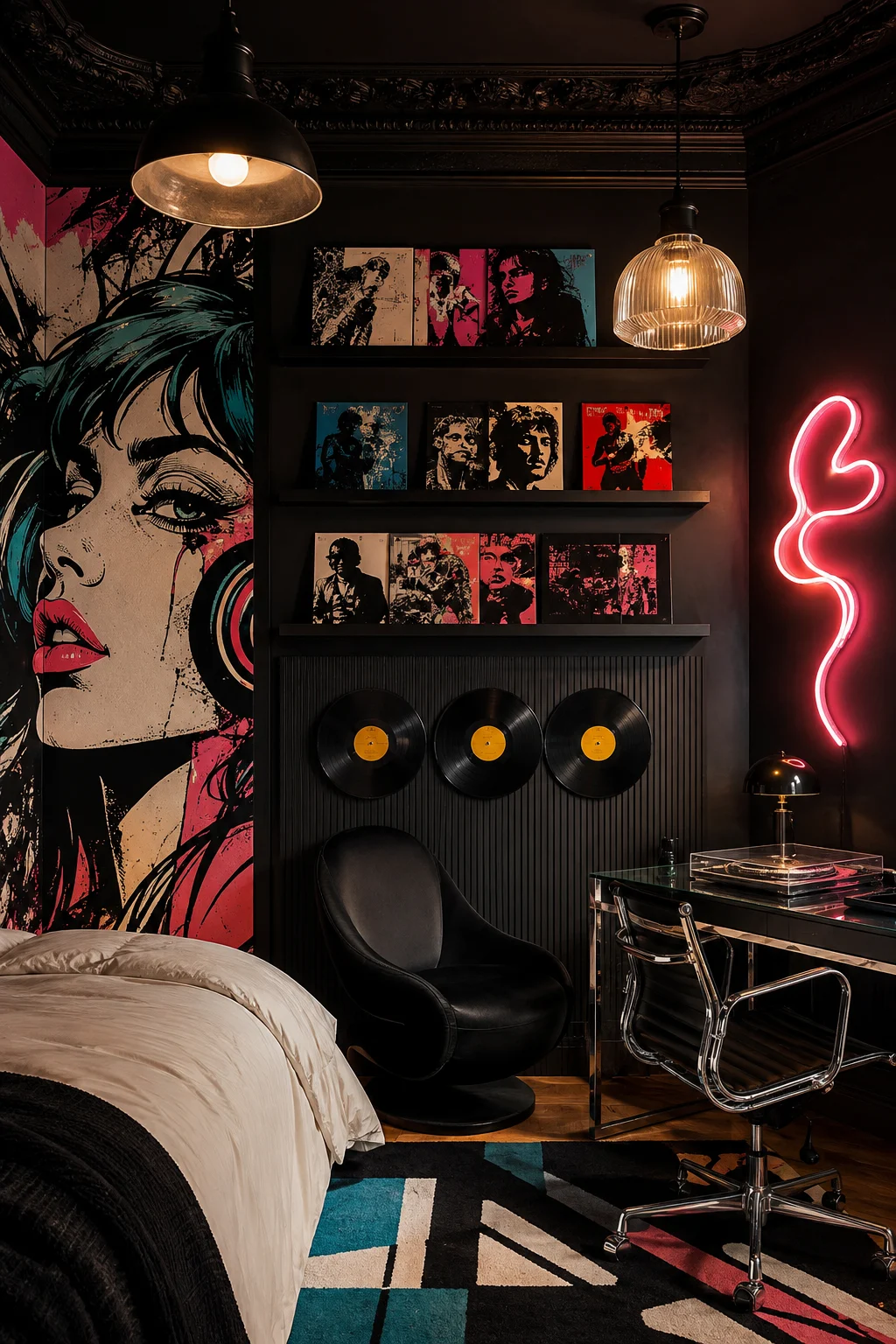 Dark contemporary bedroom featuring vinyl wall decor, graphic artwork, neon lighting, floating shelves, glass furniture, and vivid abstract accents.