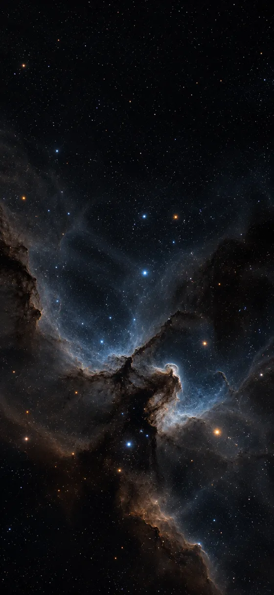 Dark interstellar nebula drifting through a dense star field with warm and blue stars against deep black space.