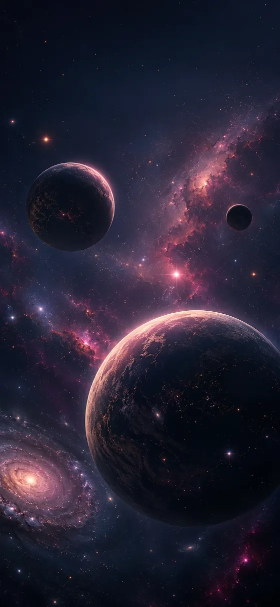 Dark planets floating in deep indigo space with pink nebulae, glowing stars, a spiral galaxy, and rose-gold rim lighting.