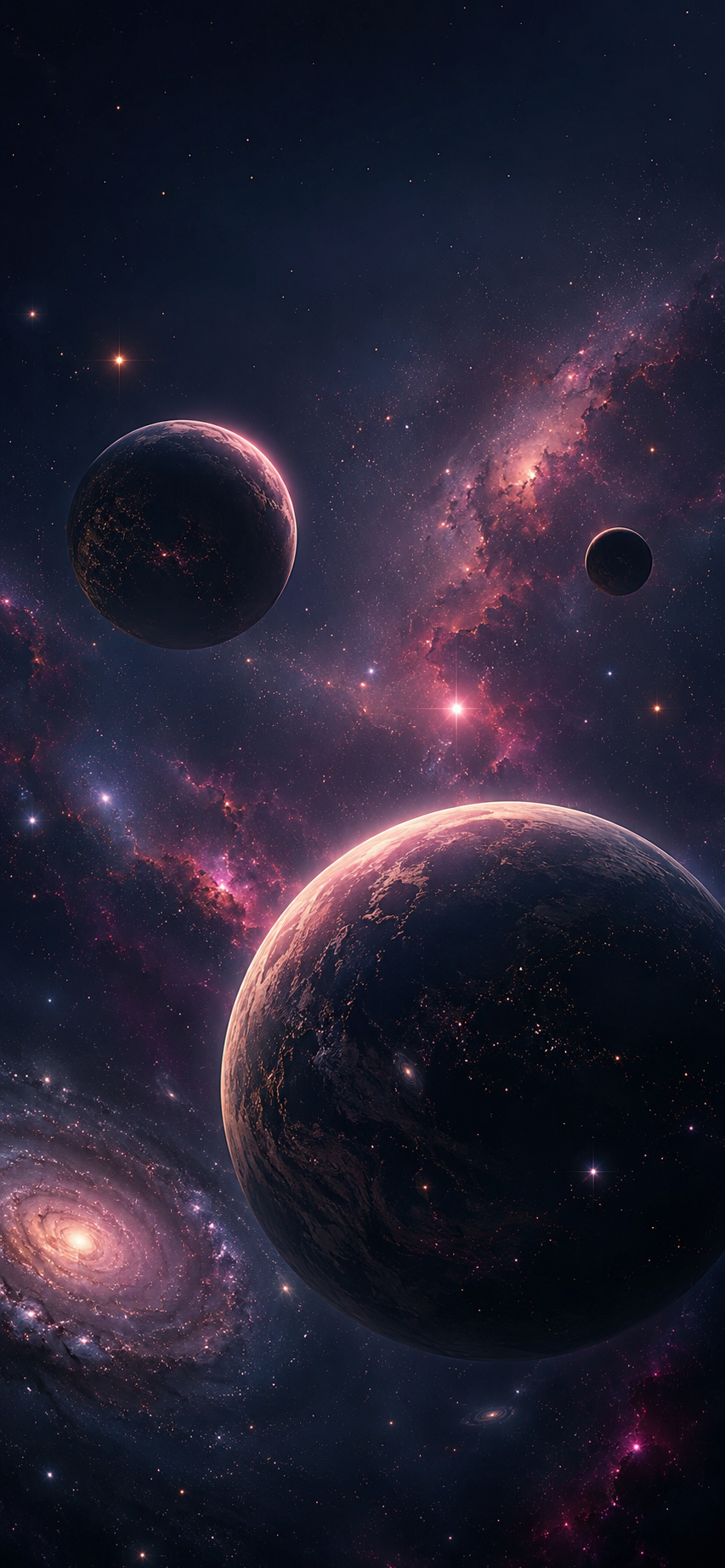Dark planets floating in deep indigo space with pink nebulae, glowing stars, a spiral galaxy, and rose-gold rim lighting.