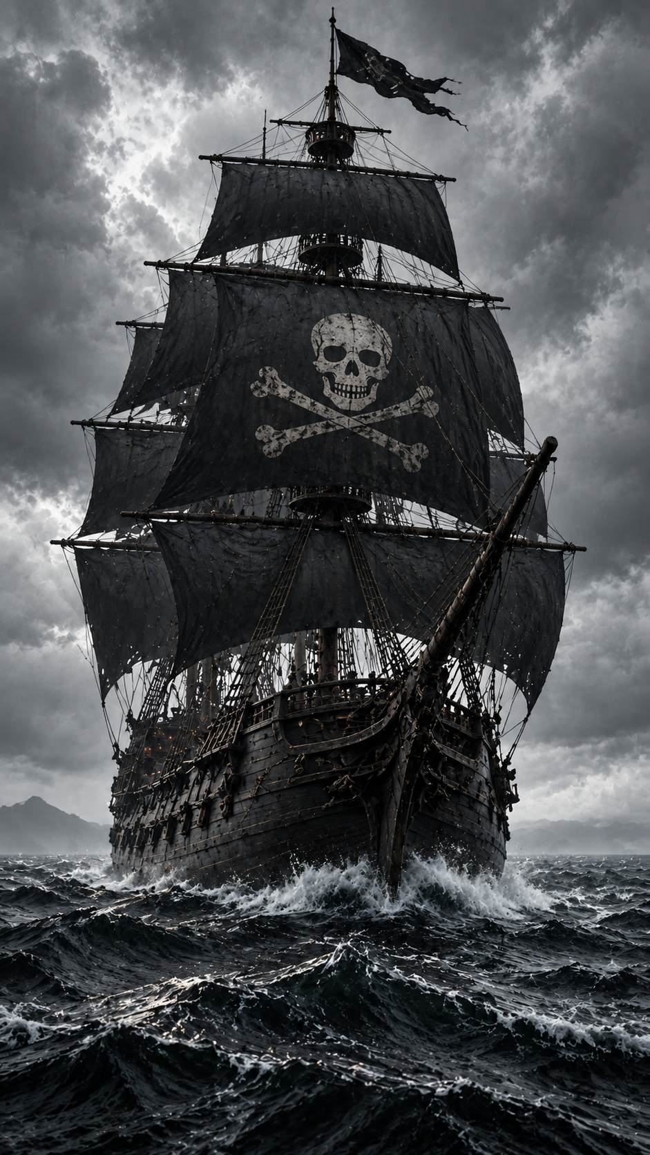 Large dark pirate sailing ship with black sails and skull emblem approaching across rough ocean water beneath gray storm clouds.