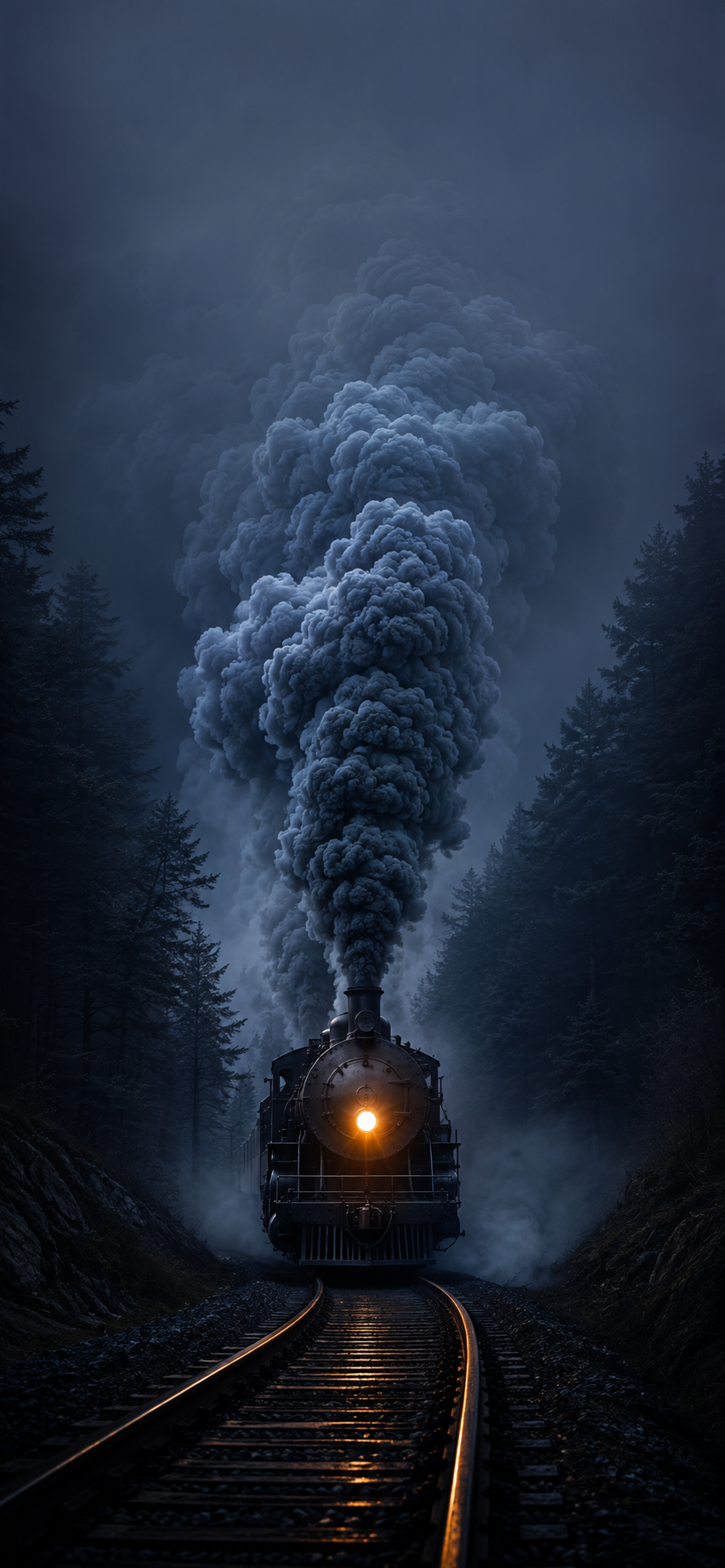 Vintage steam locomotive in a dark forest rail corridor beneath a huge blue-gray smoke plume and glowing amber headlight.