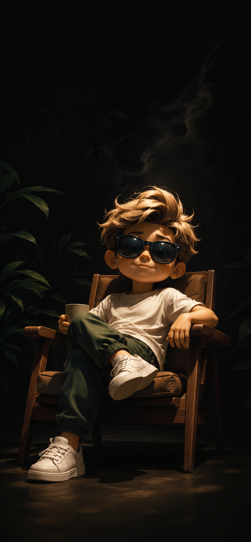Stylized cartoon boy with sunglasses lounging in a wooden chair against a deep black background with warm spotlight and white sneakers.