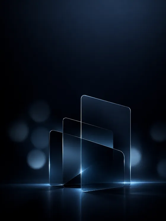 Abstract dark tech wallpaper with blue-black gradients, glass-like panels, soft grayscale bokeh, and cool graphite shadows.