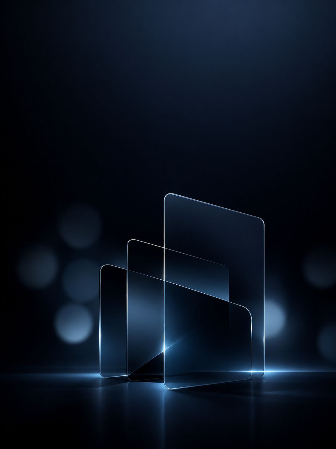 Abstract dark tech wallpaper with blue-black gradients, glass-like panels, soft grayscale bokeh, and cool graphite shadows.
