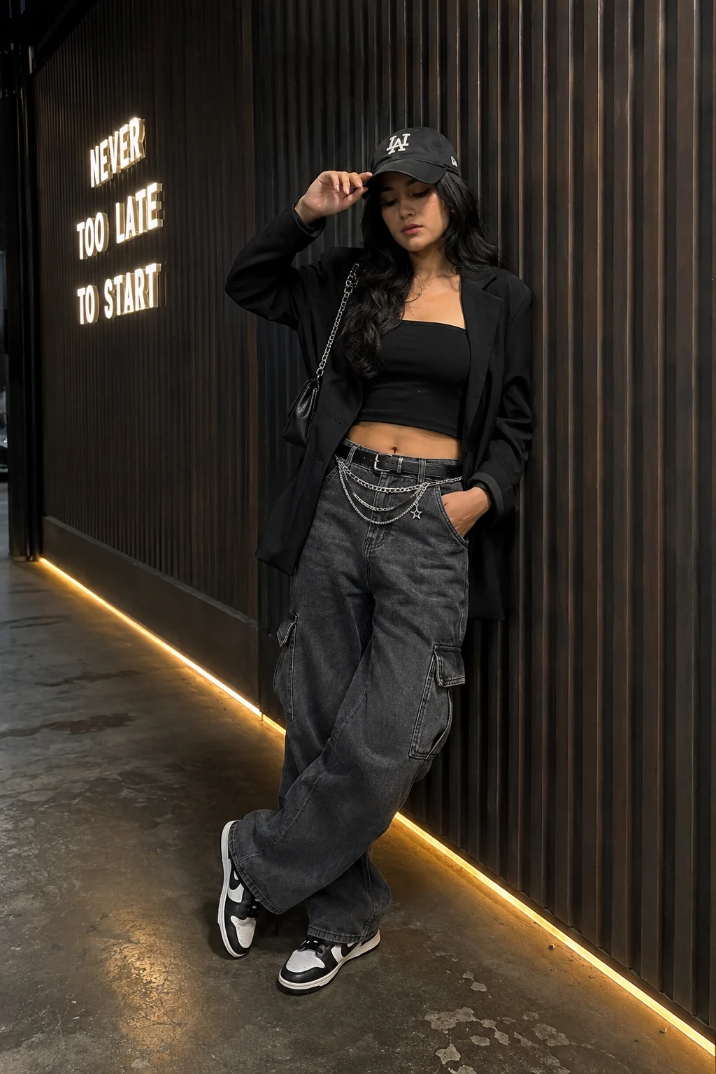 Woman with long black wavy hair wears a black cap, blazer, crop top, oversized charcoal cargo jeans, silver chains, and sneakers beside a metal wall.