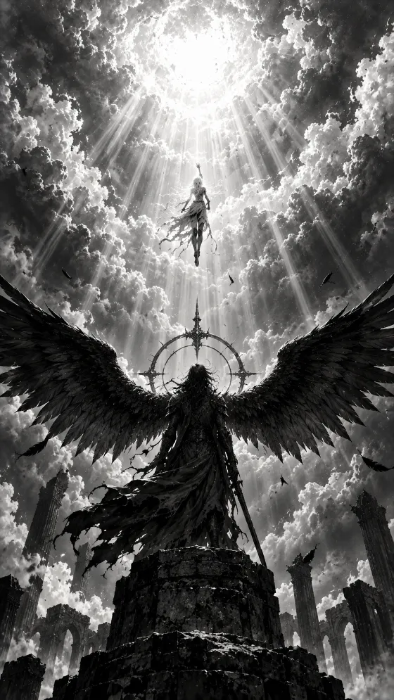 Dark winged humanoid standing beneath a floating figure and radiant beams of light in dramatic monochrome clouds.