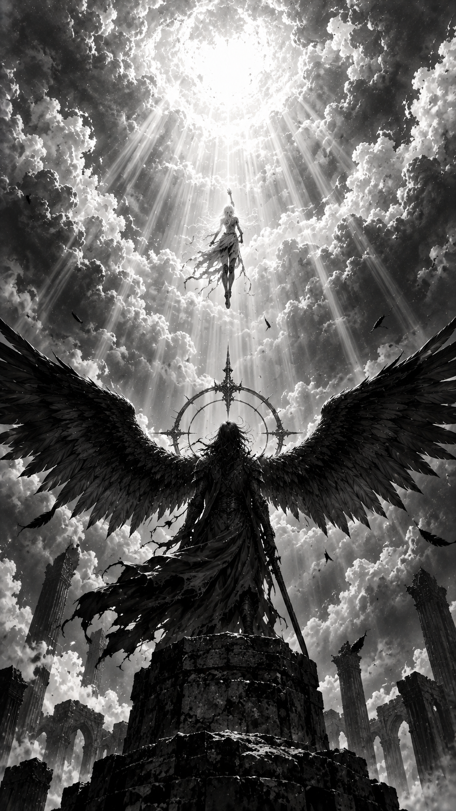 Dark winged humanoid standing beneath a floating figure and radiant beams of light in dramatic monochrome clouds.