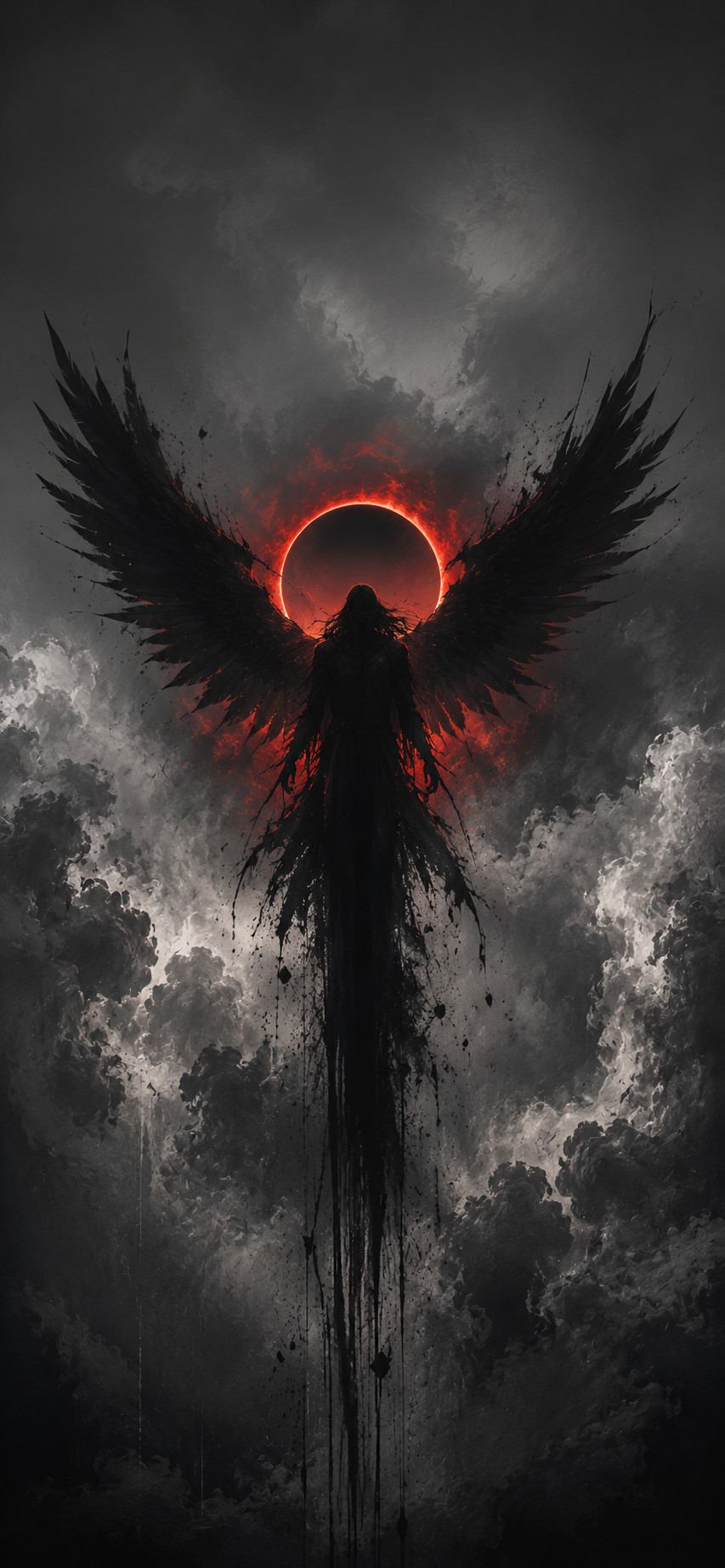 Black winged silhouette with a crimson eclipse halo, stormy grayscale clouds, ink splatter, and a long dark shadow trail.