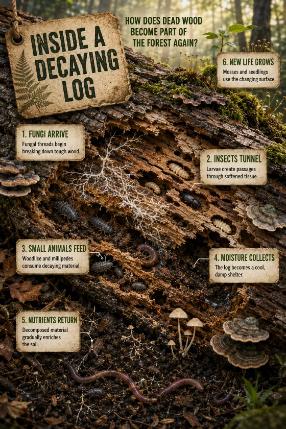 Natural-history poster with a diagonal fallen log cutaway, realistic forest organisms, six large labels, and a weathered field-guide title tag.