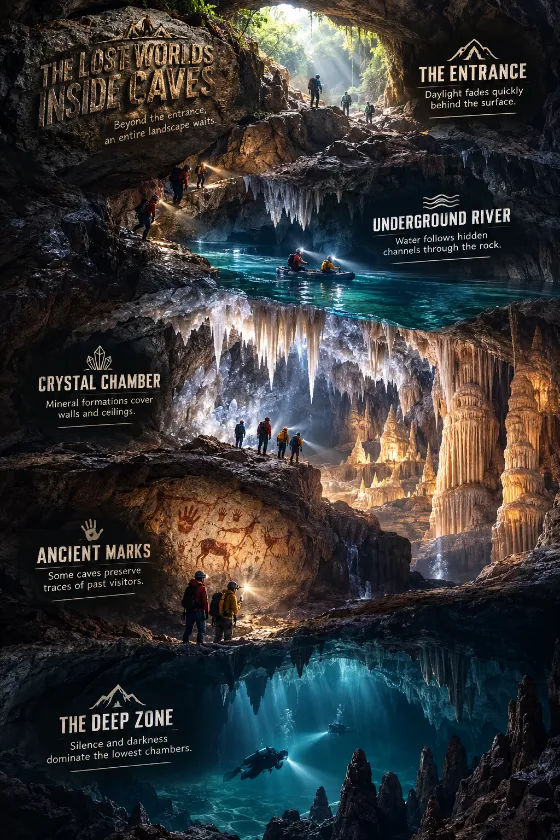 Educational cave journey with wet stone, teal water, crystal formations, headlamp beams, ancient wall markings, tiny explorers, and five discovery labels.