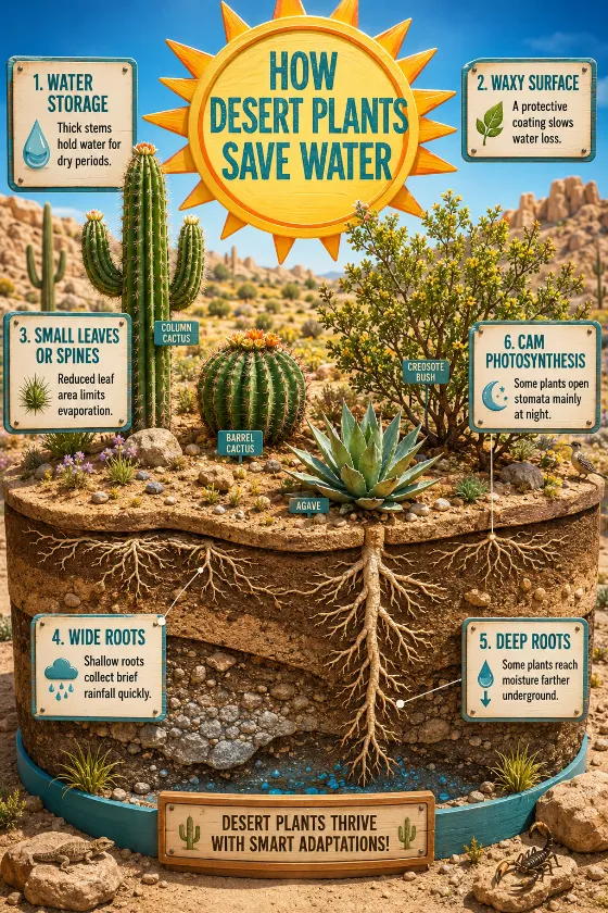 Educational desert diorama with a column cactus, barrel cactus, agave, creosote bush, visible root systems, and six large adaptation labels.