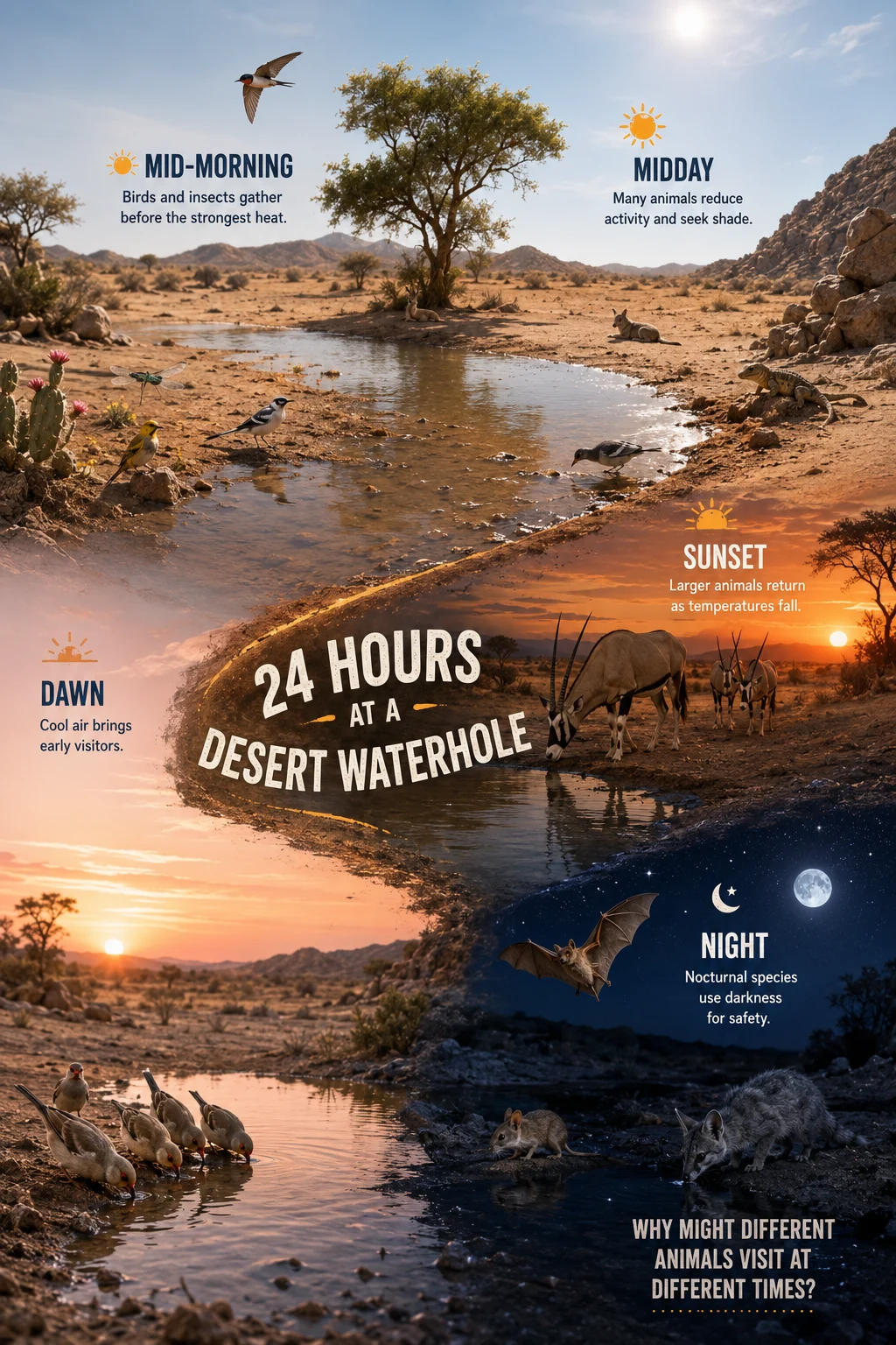 One desert waterhole from cool dawn to moonlit night, with birds, insects, antelope, bats, and small mammals sharing the same shoreline.