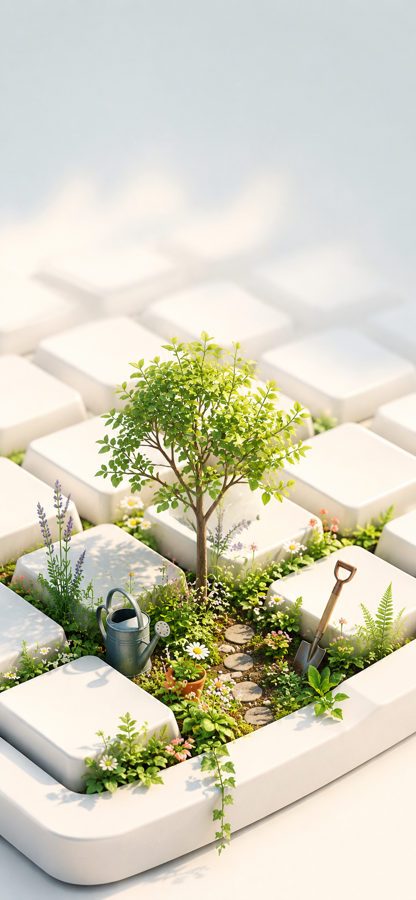 Miniature garden with a young tree growing between oversized white keys.