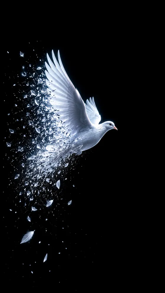 White dove flying rightward against a deep black background while its feathers dissolve into bright crystalline particles.