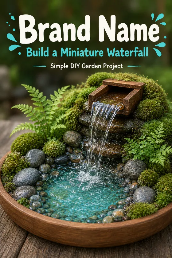 Miniature waterfall garden with moss, river stones, and ferns in a wooden tray.