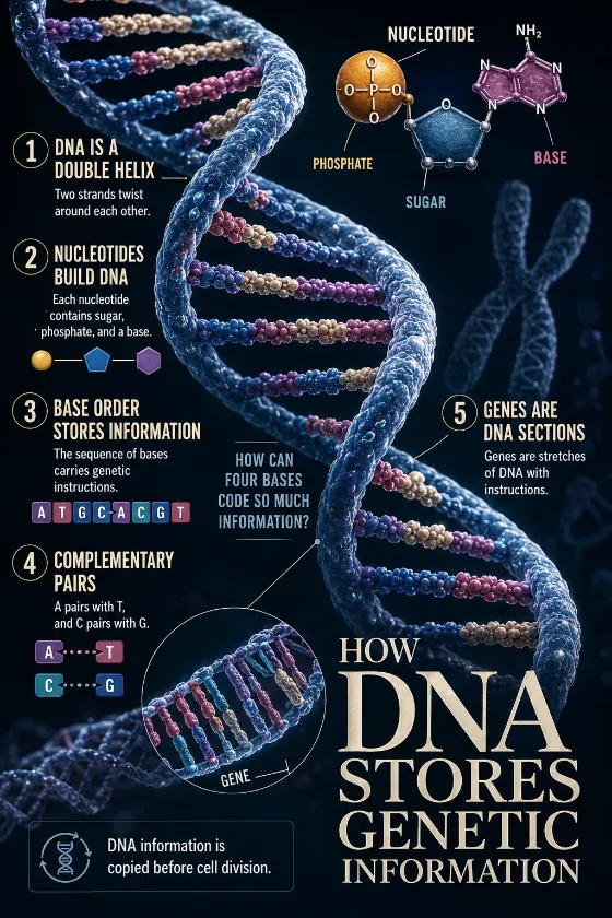 Educational DNA poster showing a three-dimensional helix, nucleotide parts, A-T and C-G pairing, a gene segment, and a subtle chromosome background.