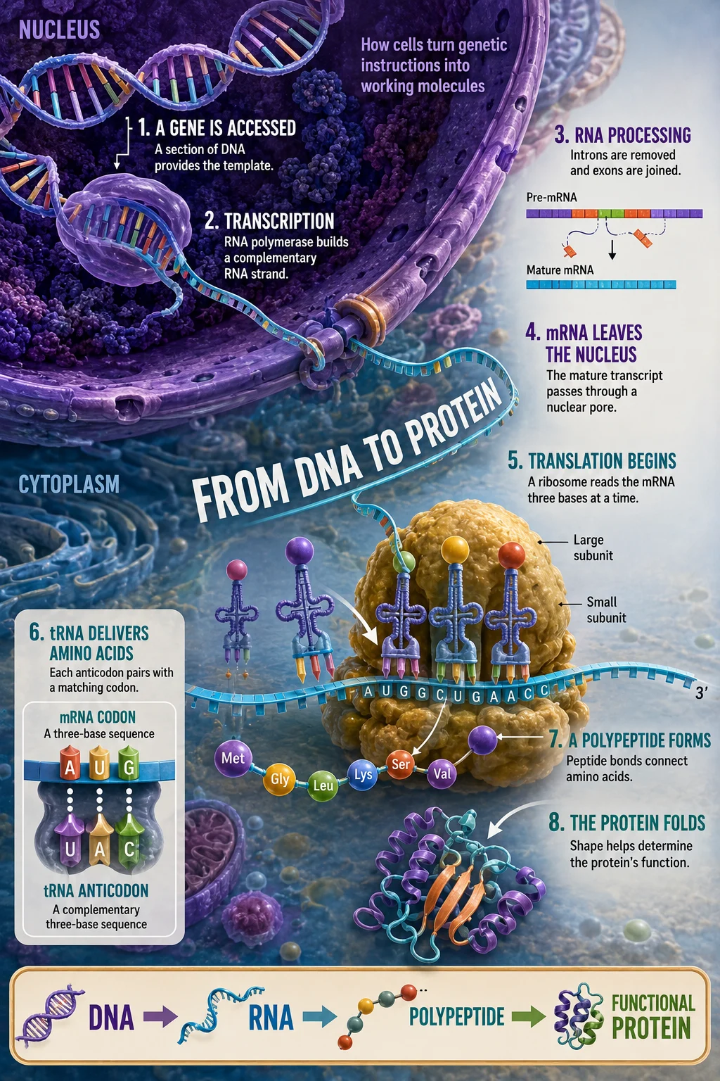 Educational DNA-to-protein journey with a nucleus, nuclear pore, cyan mRNA, golden ribosome, tRNA molecules, codons, amino acids, and a folded protein.