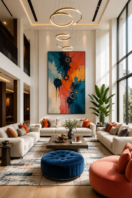 Bright double-height living room with neutral sofas, vertical abstract painting, tall windows, tropical plant, blue ottoman, and coral seating.