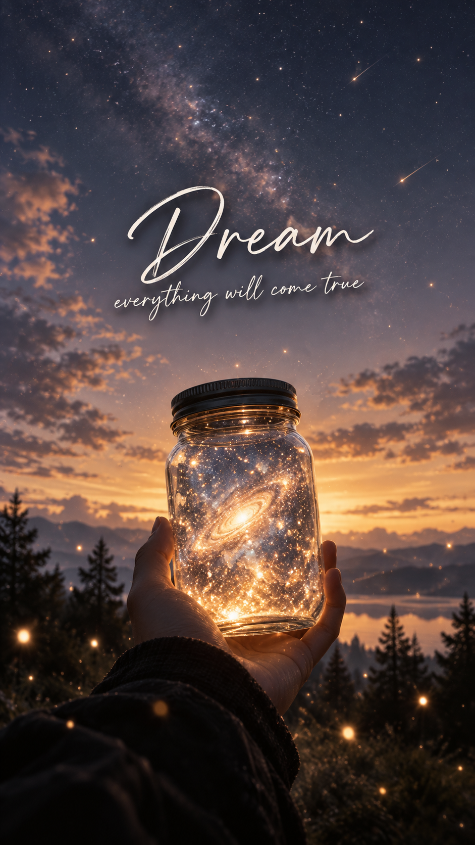 Glowing glass jar held in a hand beneath a dreamy twilight sky with handwritten inspirational text.