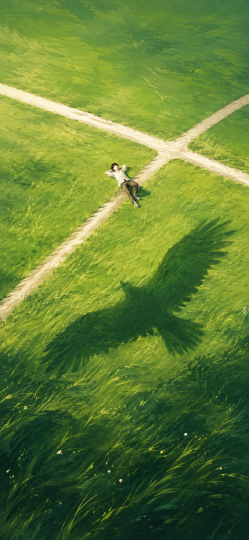 A person resting on lush painterly grass while casting the shadow of a soaring bird across a tranquil landscape.