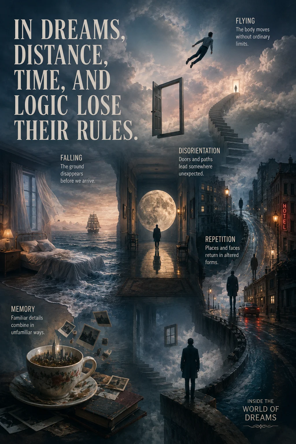 Vertical surreal dream collage with a bedroom opening into an ocean, stairs into clouds, a floating door, giant moon, repeated shadow figure, and bending city street.
