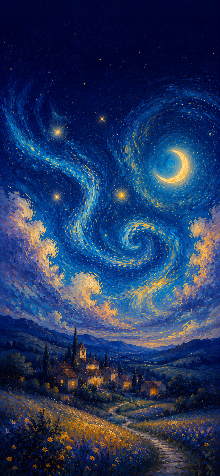 Painterly blue cosmic night sky with swirling stars above a peaceful village illuminated by warm lights.