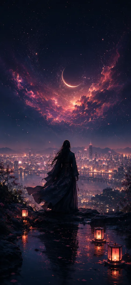 Lone traveler overlooking a glowing beneath a crescent in a pink nebula, with lantern reflections in water.